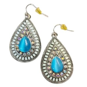 Bohemian Blue and Silvertone Teardrop Earrings with AB Crystals